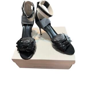 Marc Fisher Women’s Brodie Bow Ankle Strap Pumps Black Glossy Open Toe Heels 8M